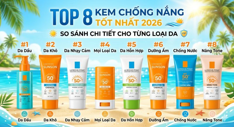 TOP 8 kem chống nắng tốt nhất 2026 – So sánh chi tiết cho từng loại da