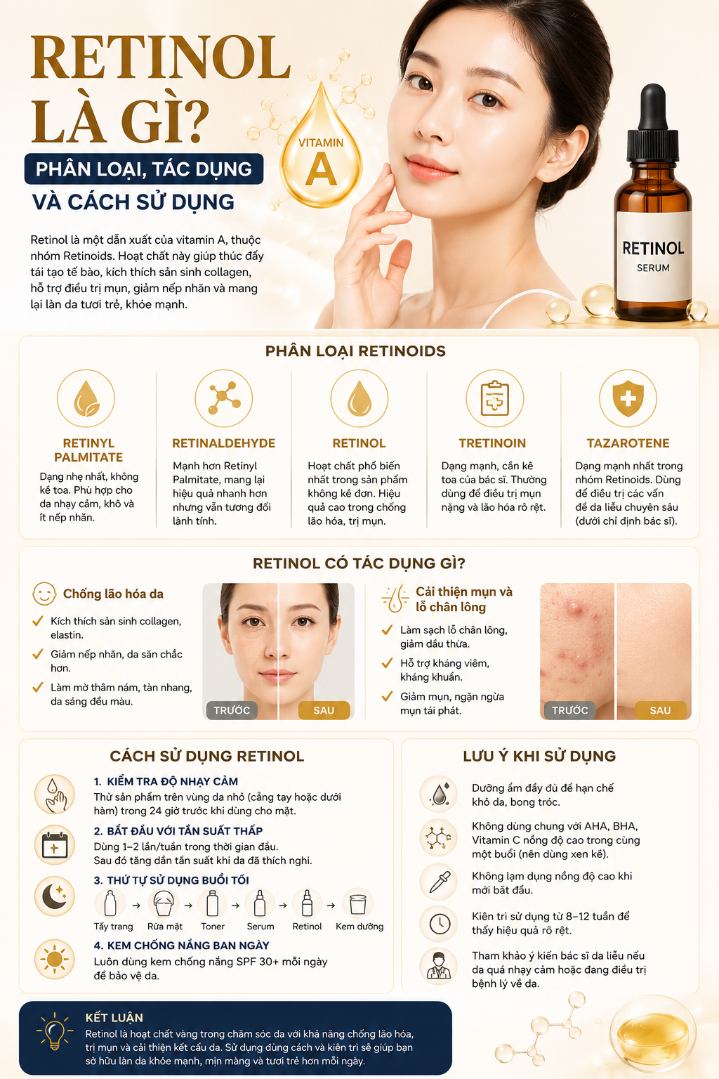 Retinol là gì? Công dụng, phân loại và cách sử dụng hiệu quả cho làn da