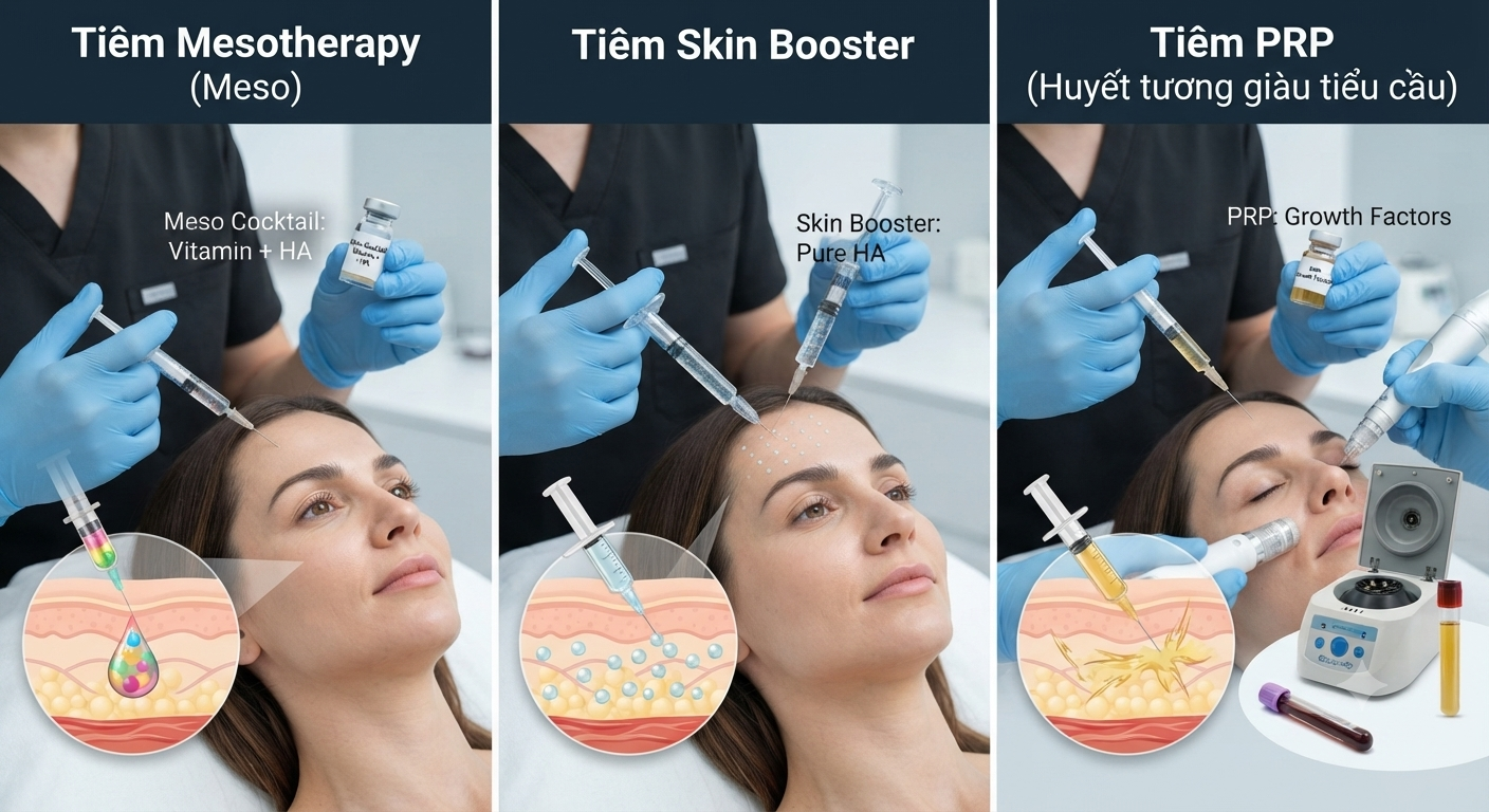 Tiêm Meso, Skin Booster và PRP khác nhau thế nào? So sánh để chọn phương pháp phù hợp